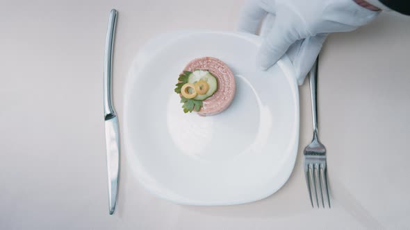 Waiter serving a plate of delicacy, close-up alt