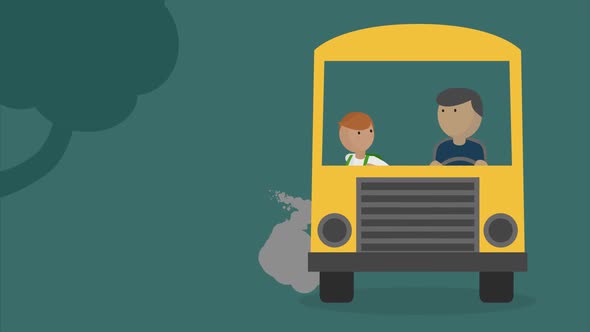 Boy with a backpack is driving by a yellow school bus. The vehicle stops. alt