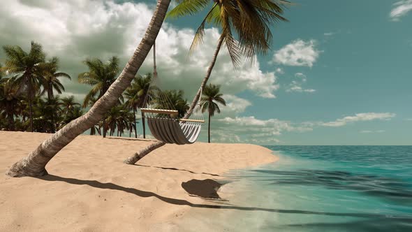 Summer, sea, coast in the tropics and a hammock on palm trees.
