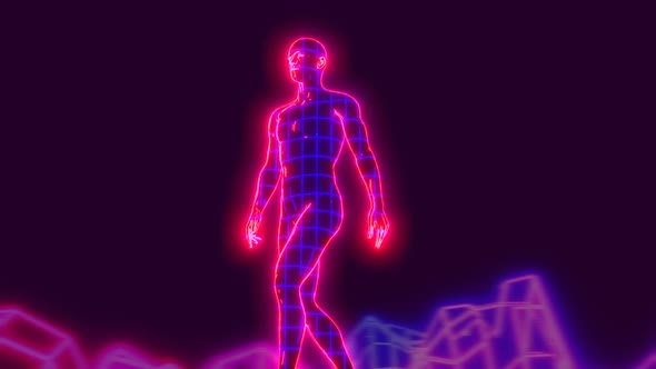 Neon retrofuturistic walking man