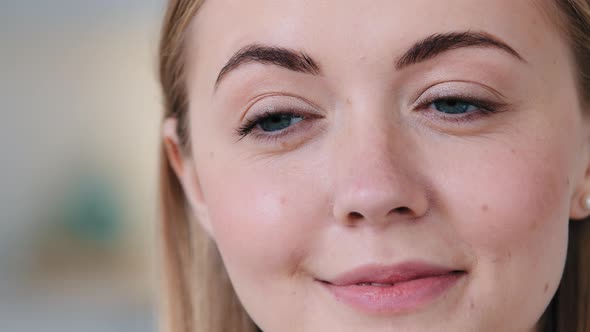 Close Up Headshot Calm Smiling Young Lady Millennial Posing Indoors in Room Enjoying Weekend Time alt