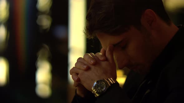 Tired Man Looking Aside in Luxury Interior. Attractive Boss Reflecting Indoors alt