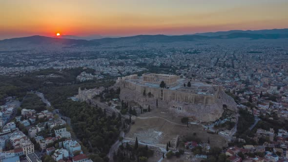 Athens, Greece Aerial Drone Hyper Lapse Over Acropolis at Sunset alt
