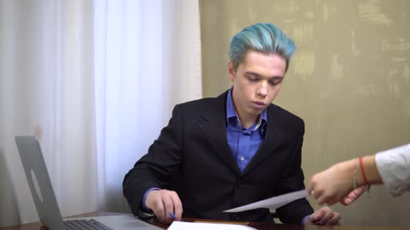 Businessman Signs Documents Office Worker Sucsessful Young Man Working Laptop