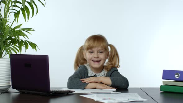 Online Learning, Distance Education, Lesson at Home. Girl Doing School Program Online on Computer alt