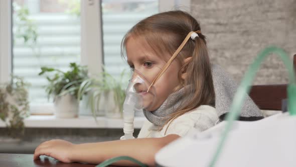 Little Girl Child Sick Makes Inhalation Mask