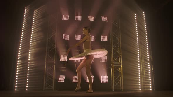 Professional Ballerina Dancing Ballet in Spotlights Smoke on Big Stage. Beautiful Young Girl Wearing alt