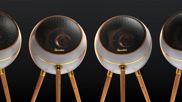 Luxury retro speakers on a wooden tripod with gold parts playing in loop. 4K HD