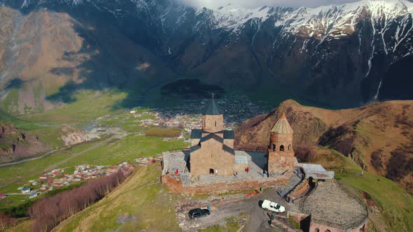 Aerial View From Gergeti Trinity Church Caucasus Mountains Stepantsminda Region Georgia alt