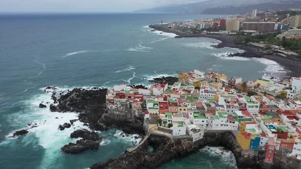 view of the city of Puerto dela Cruz, the island of Tenerife, black beaches on the Atlantic ocean alt