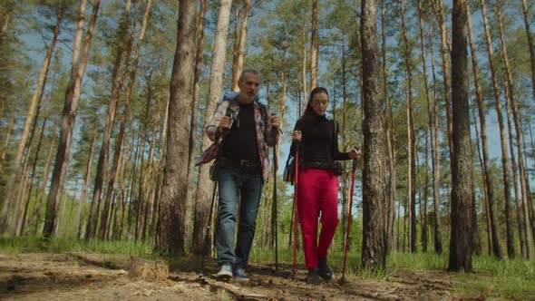 Active Backpacker Couple with Poles Choosing Travel Route on Hike alt