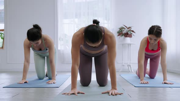 Asian female yoga teacher is teaching students in class basic exercises