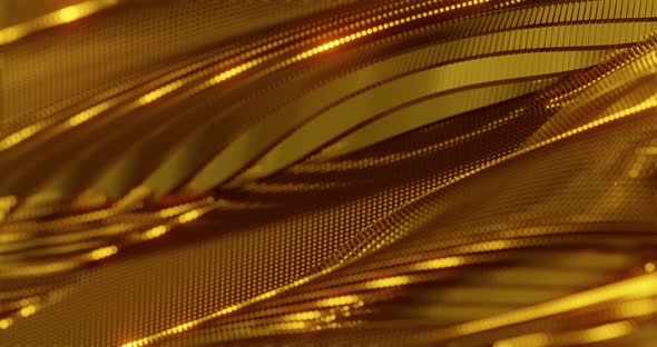 Futuristic grid wave of golden metallic shapes with sparkles