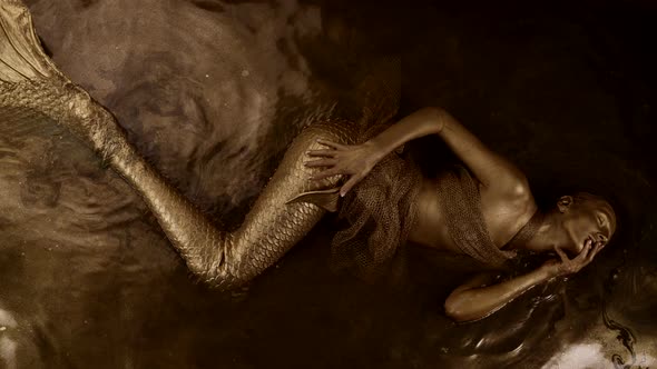 Beautiful Fascinating Mermaid in Bronze Water of Magical Pond Body of Waternymph Covered By Gold alt