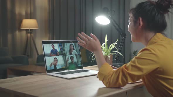 Asia Girl On Video Conference Call, Using Laptop Computer Work Late Night alt