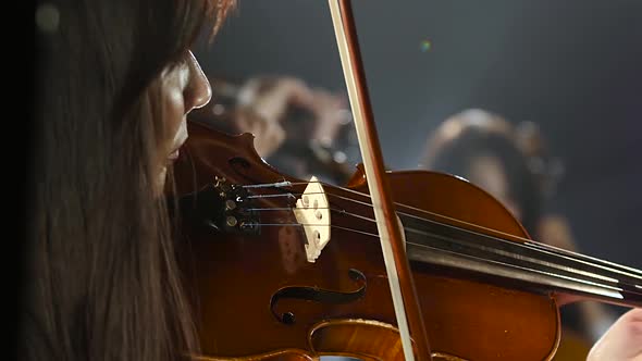 Girls in Play the Violins in a Composition in a Room. Black Smoke Background. Close Up alt