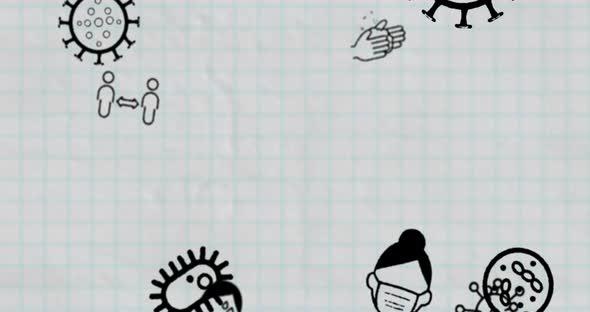 Coronavirus cells mask lungs social distancing floating black icons alt