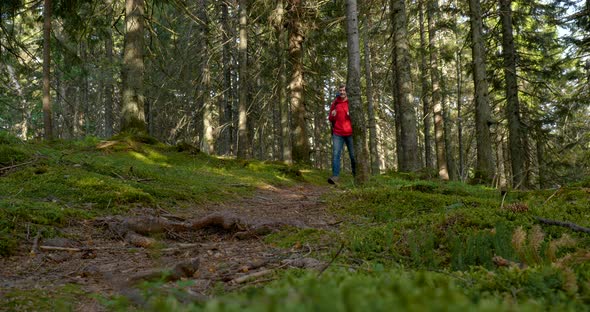 Tourist Guy with Backpack Hiking on an Adventure Trip in Natural Landscape alt