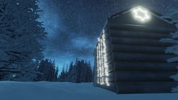 Backside Of Illuminated Wooden Log Cabin In Front Of Conifer Trees