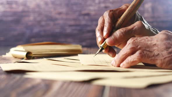 Senior Women Hand Writing on a Paper with a Fountain Pen alt