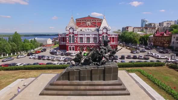 Aerial View of Monument to Vasily Chapaev and Samara Drama Theatre at Summer Day