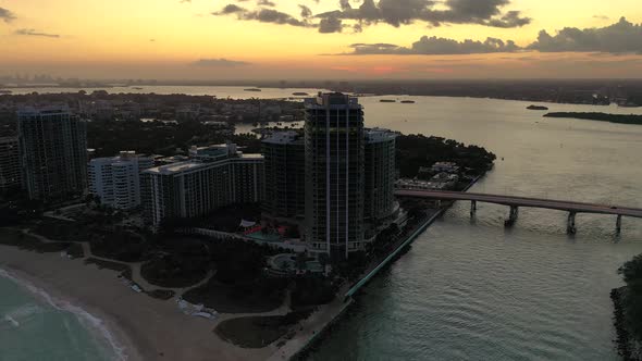 Drone video of Miami Beach and skyline during sunset alt