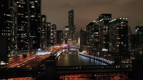 Urban Cityscape of Chicago and Chicago River at Night in Winter alt