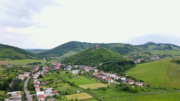 Aerial views of the castle ruins in the village Hajnacka in Slovakia ...