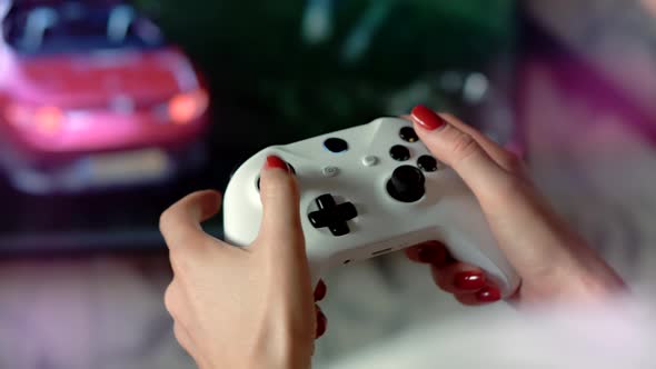 Gamer Playing On Video Game. TV Game Simulator Joystick. Joypad Controller Streamer Play. alt