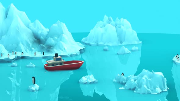 Small boat swimming near the icebergs with wild penguins and fish underwater.