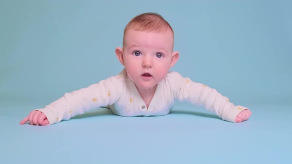 Infant baby boy looks with curiosity while lying on his tummy, studio blue background.