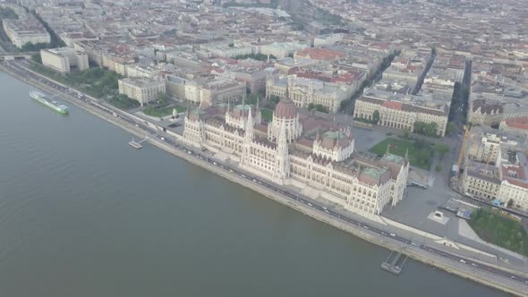 Aerial view of Parliament palace of Budapest on Danube riverside, Hungary