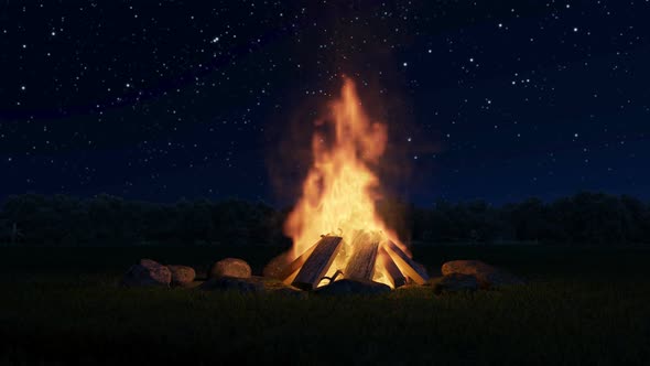 Big Bonfire In Front Of Forest And Starry Sky