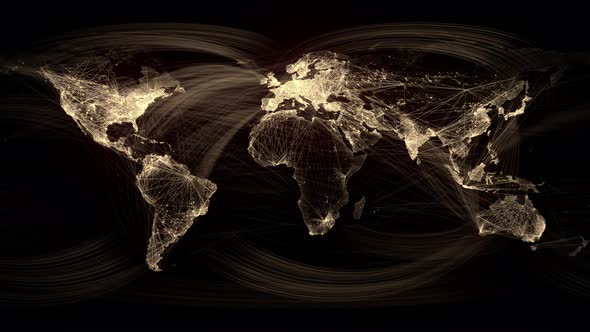 Network Lines Lighting Up World Map Gold. Use as a high resolution texture or projection map.