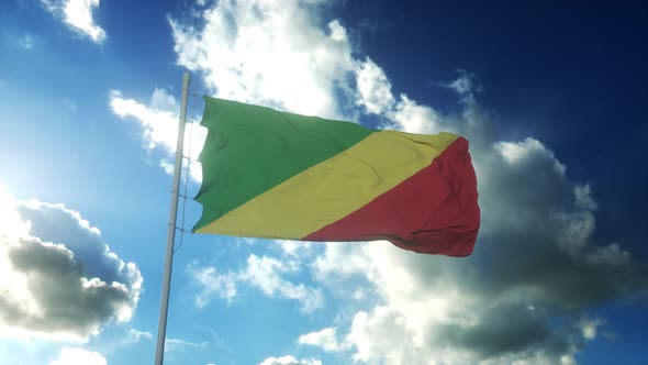 Congo Republican Flag Waving at Wind Against Beautiful Blue Sky alt