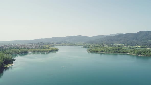Aerial Drone View of Lake Banyoles in Girona Catalonia Spain