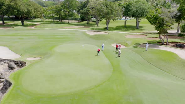 Golfer playing in golf tournament on the green putting for a birdie alt