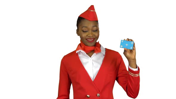 Afro American Stewardess Girl Raises a Card and Shows a Okey . Alpha Channel alt