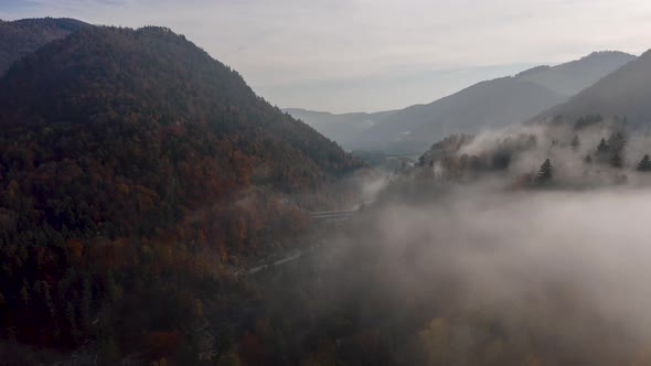 Beautiful drone hyperlapse of the fog through the trees in a Swiss mountainous landscape in autumn. alt