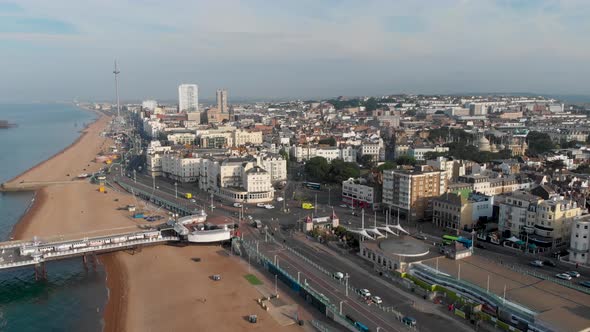 Aerial footage of the Brighton and Hove town centre showing hotels, guest houses in the UK alt