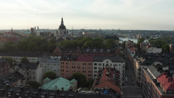 Panoramic aerial flying drone rooftop view of Södermalm