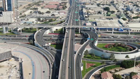 High Angle View on a Big Highway Intersection in Dubai with Lots of Traffic alt