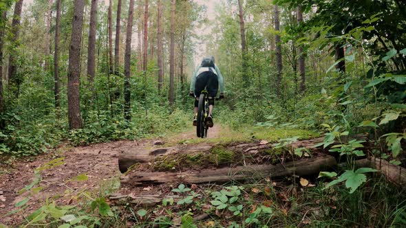 Bicyclist jumping on springboard step down gap at mountain bike back view in slow motion