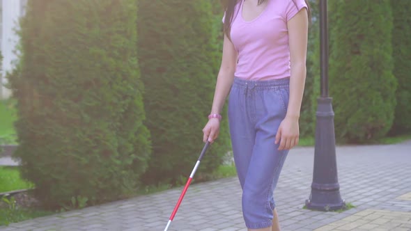 Young Visually Impaired Asian Woman with a Cane Is in the Park Slow Mo alt