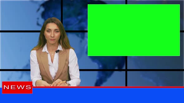 Female News Presenter in Broadcasting Studio With Green Screen Display For Mockup Usage alt