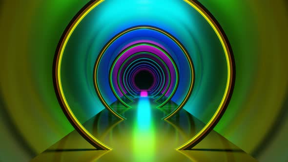 Abstract Modern Tunnel of Round Sectors in the Colors of the Rainbow with Reflection From the Walls