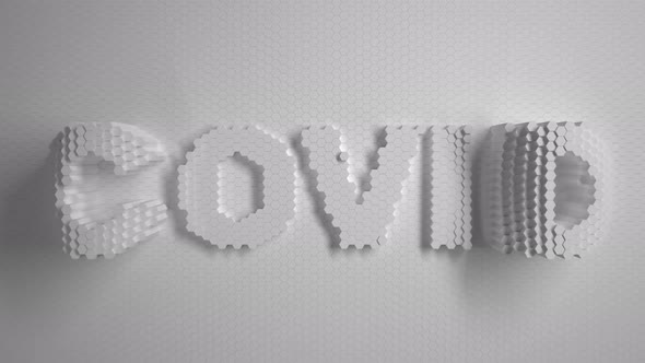 Covid Logo text White mosaic surface with moving hexagons