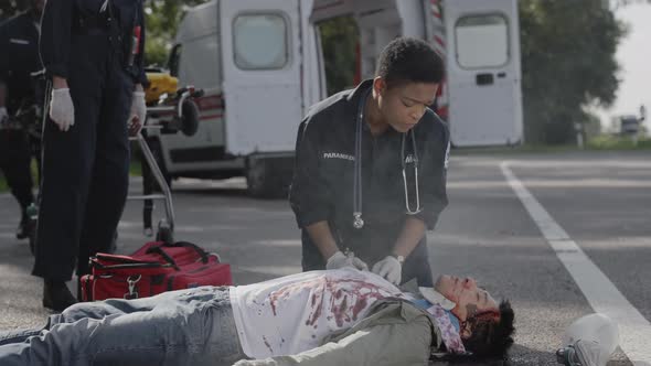 Team of EMS Paramedics Trying to Help Car Accident Victim alt