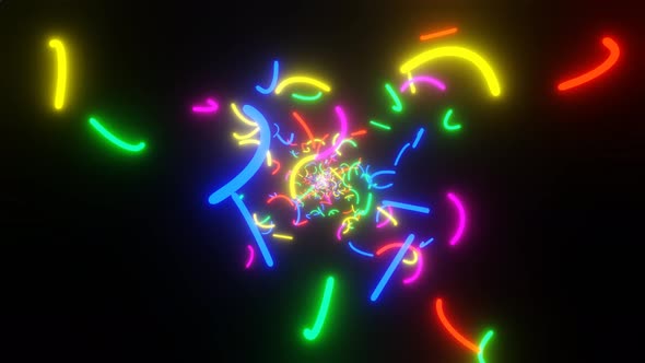 Neon Glow Curved Sticks Fly Off Into the Distance on Black Background