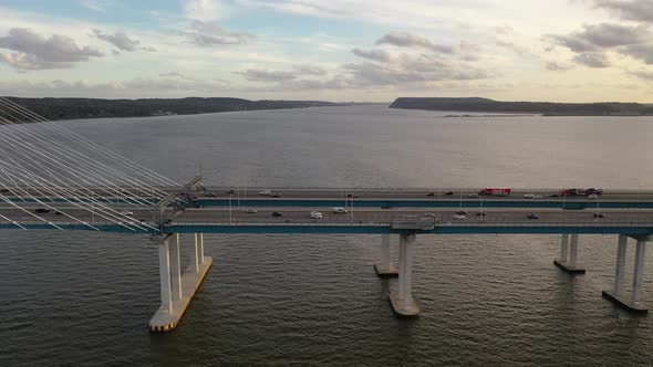 An aerial shot of the side of the Mario M. Cuomo Bridge, taken on the north side. The camera truck l alt